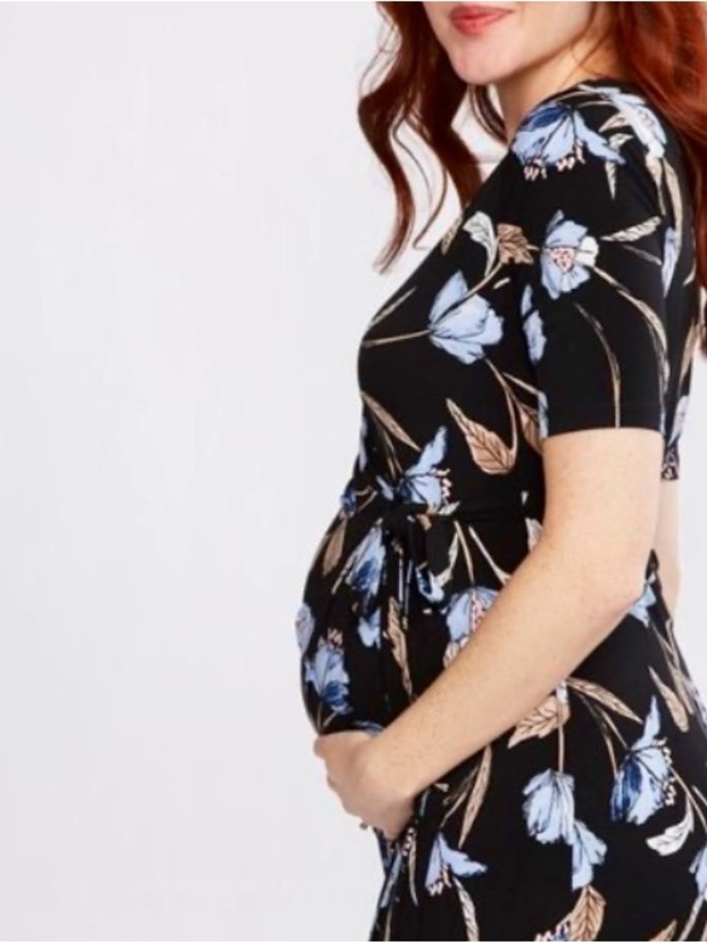 Motherhood Maternity Black Midi Faux-wrap Dress with Blue Floral Print